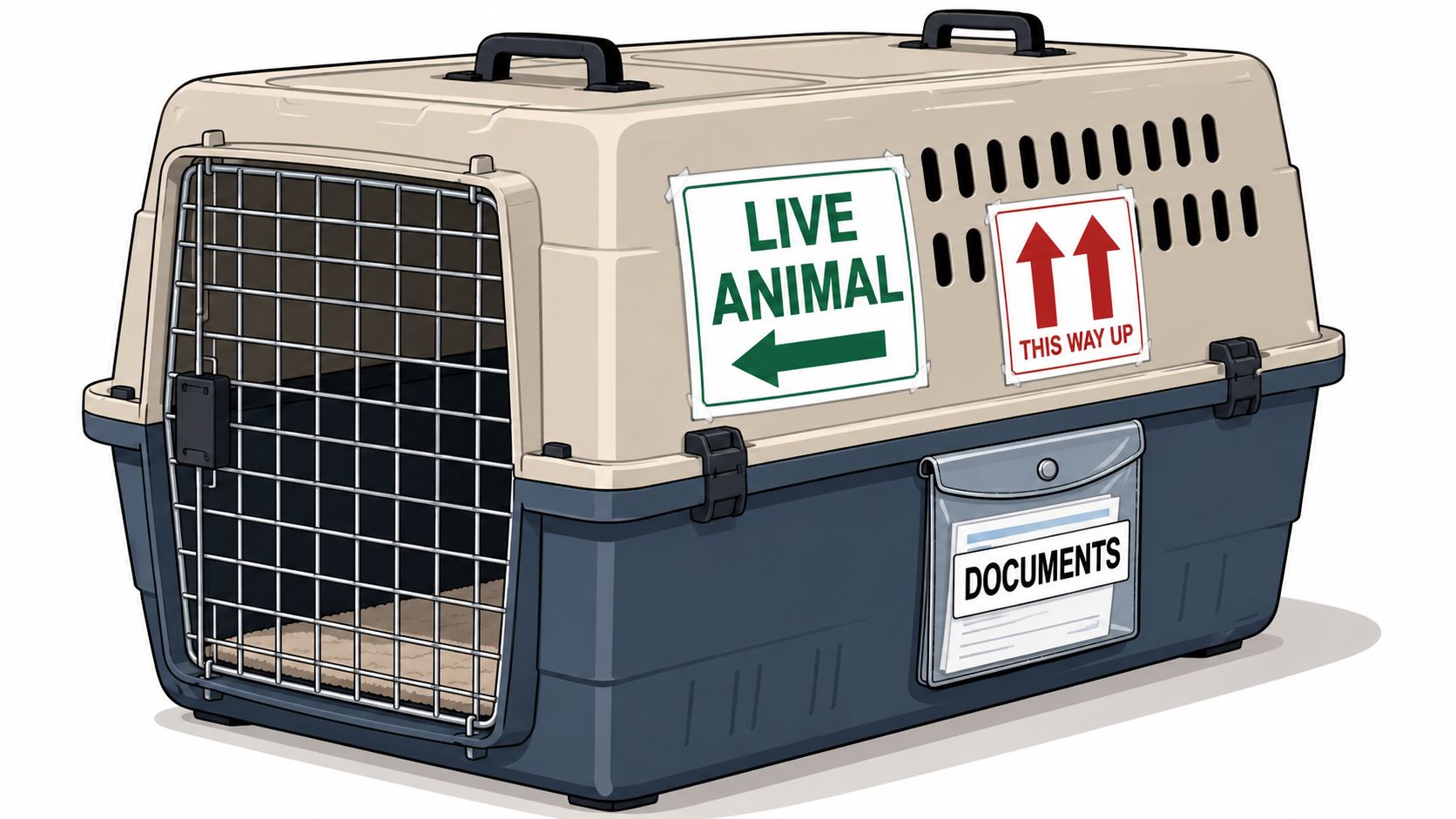 A tan and dark blue plastic pet carrier with a metal wire door for transporting animals.