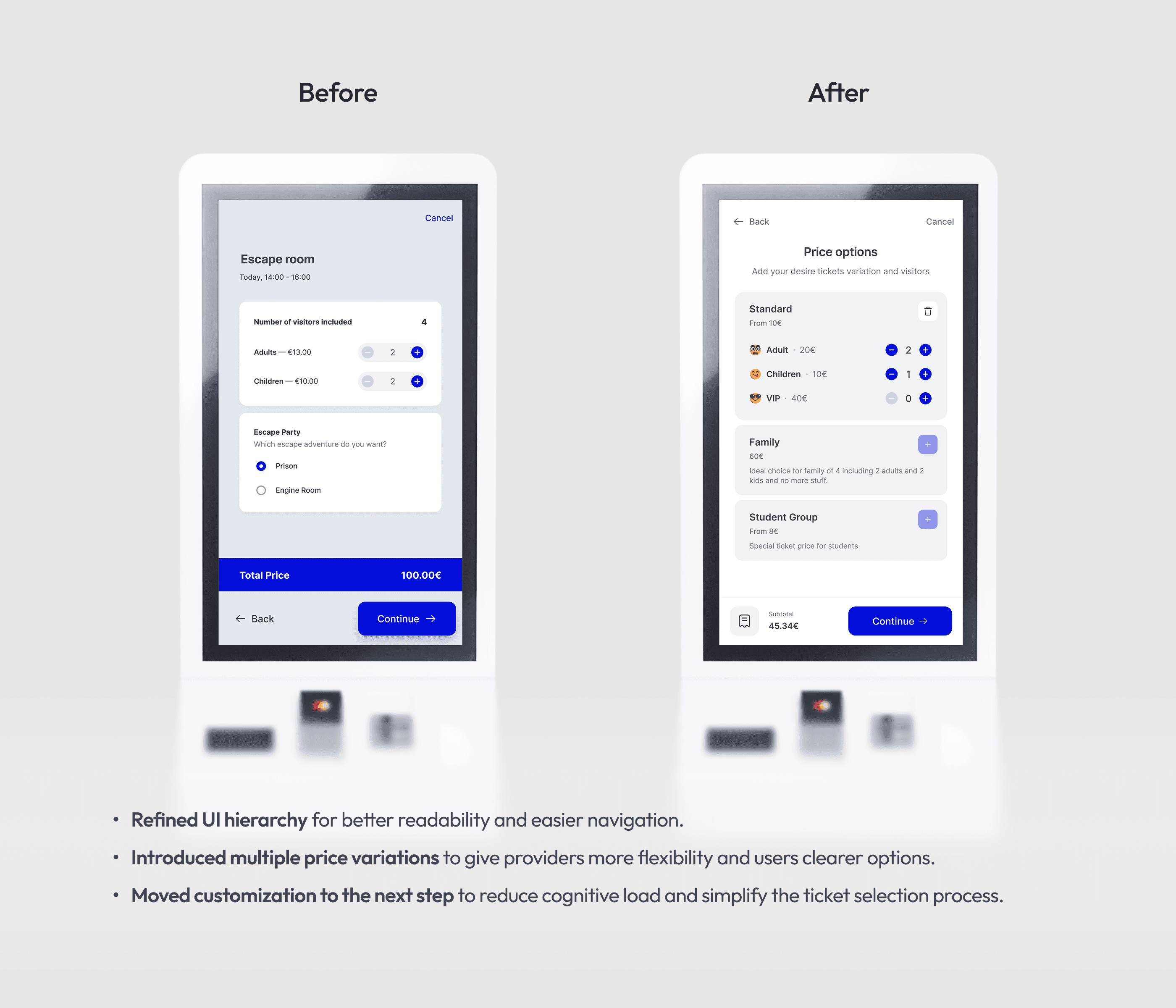 A before-and-after comparison of the kiosk's user interface, showing key enhancements made after user testing.