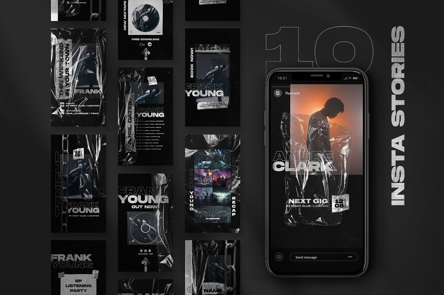 Selection of black and white Y2K logotype bundle templates with retro cosmic and techno aesthetics