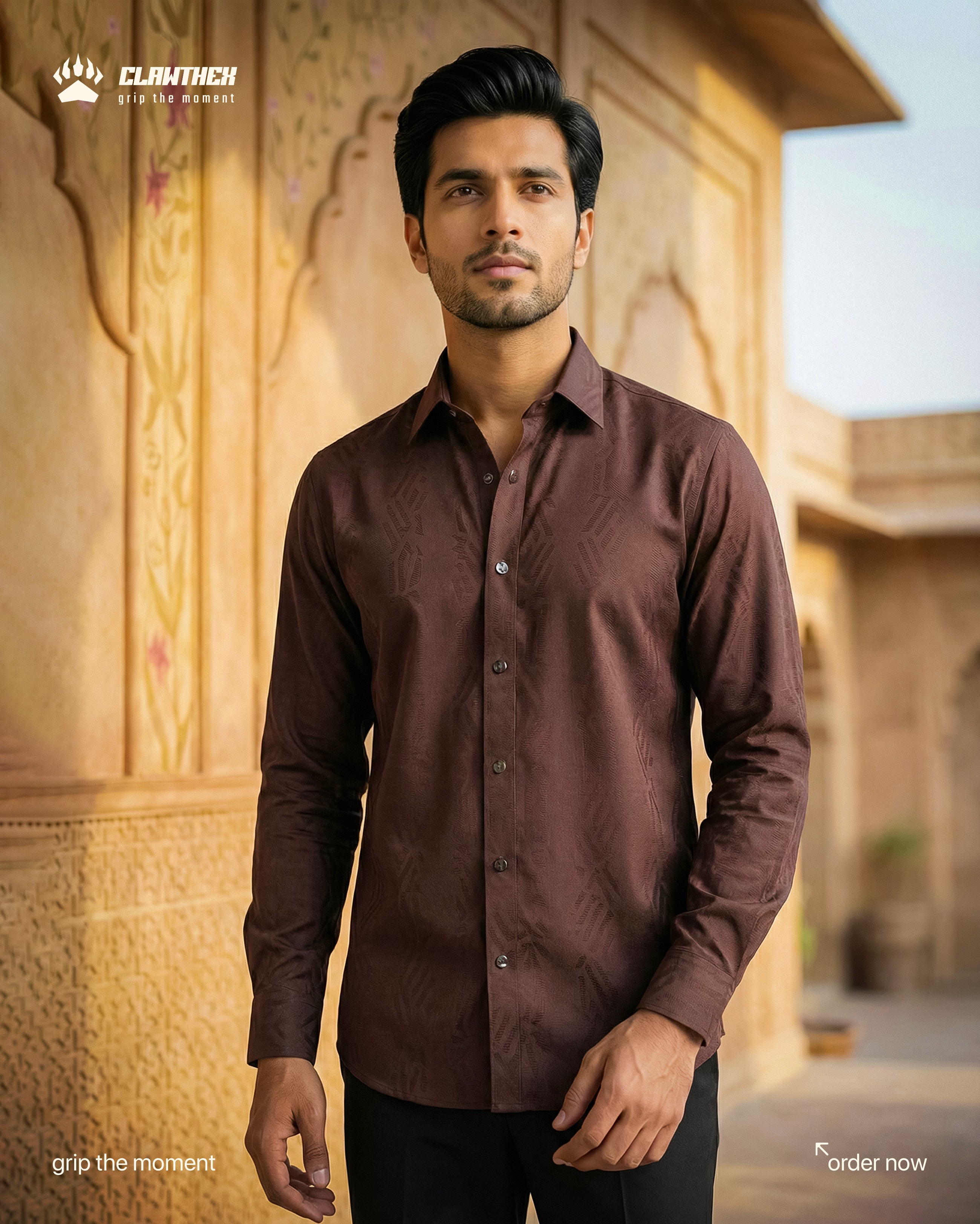A blue shirt hanging on a white wall