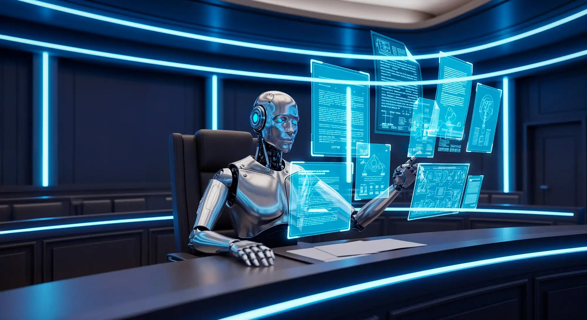 AI-driven platform governance, showing a robot orchestrating content moderation, reflecting TikTok's automated system.