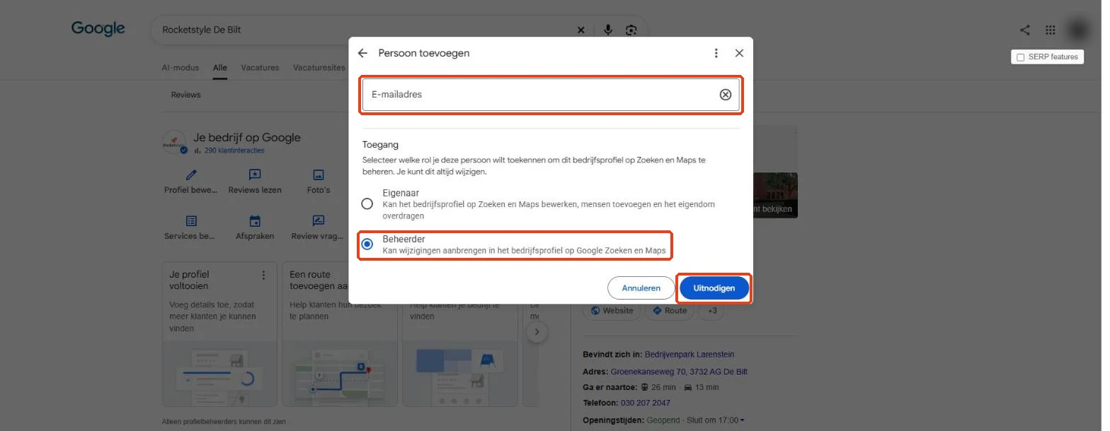 Het venster Persoon toevoegen, met het e-mailveld, de rol Beheerder en de knop Uitnodigen