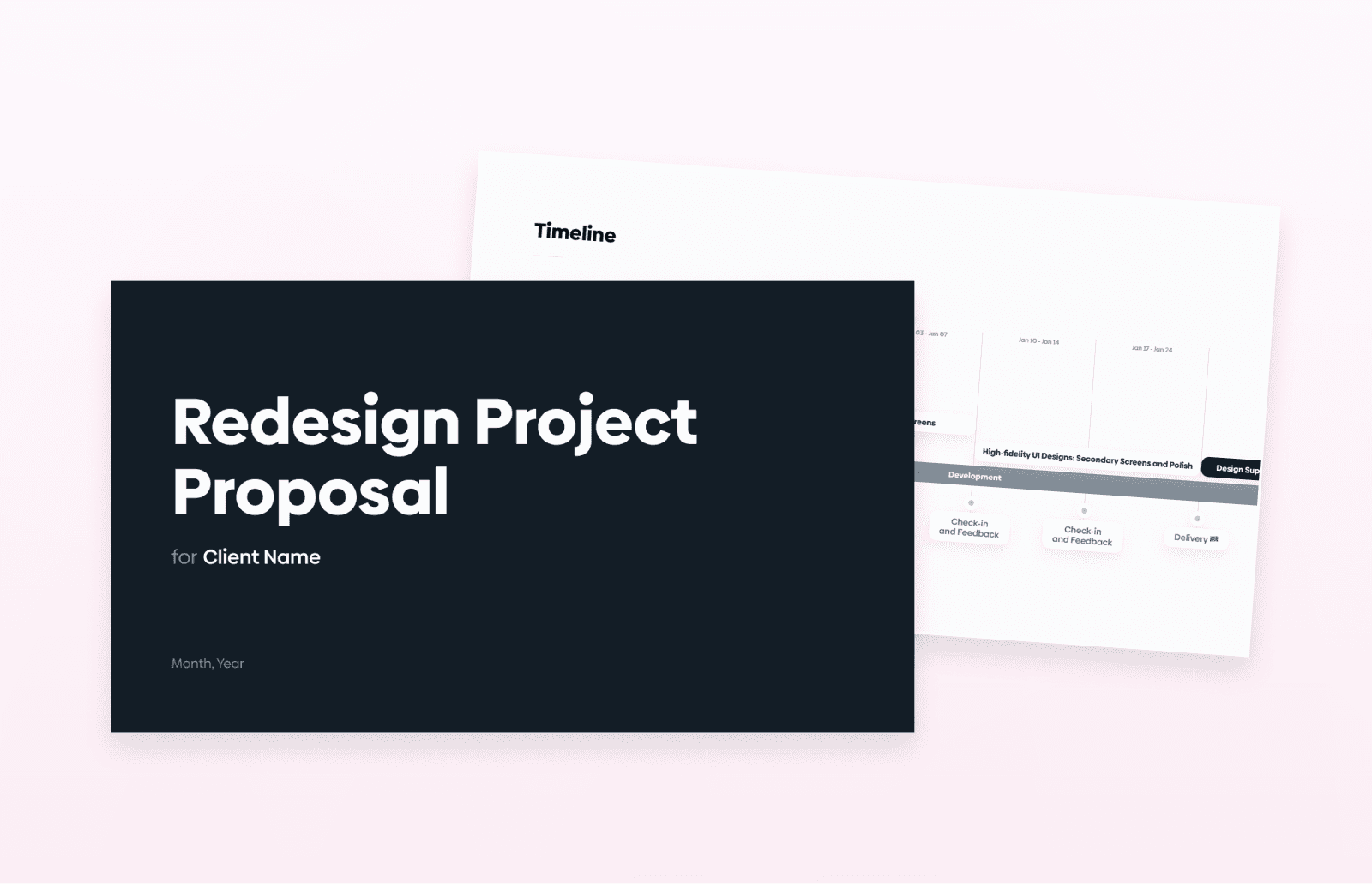 Cover slide for a redesign project proposal with a timeline preview in the background.