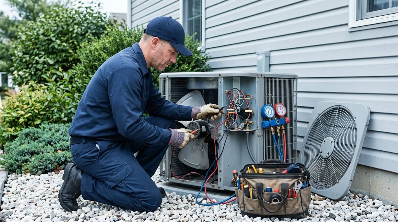HVAC tech Kneeling to fix AC outside