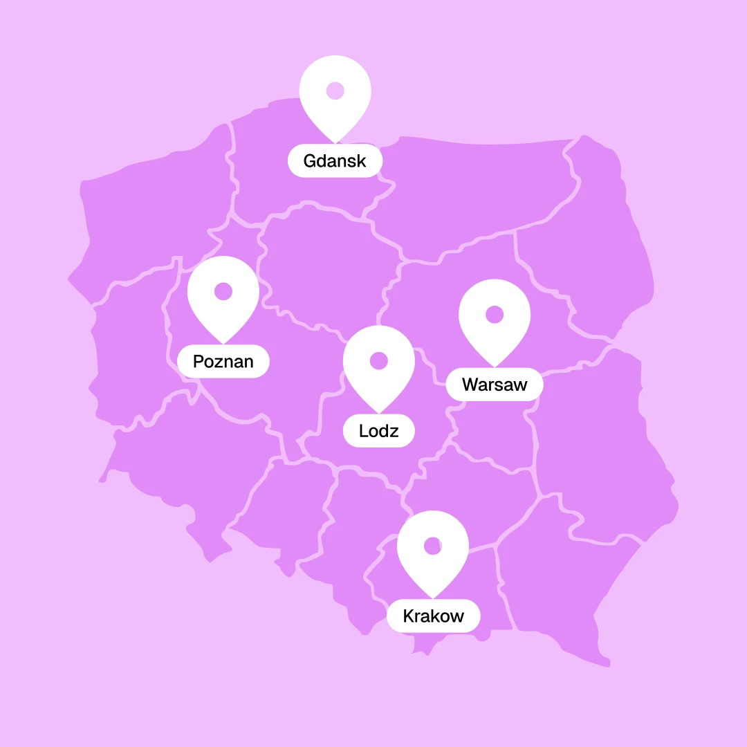 Map of Poland showing regional borders with white location pins