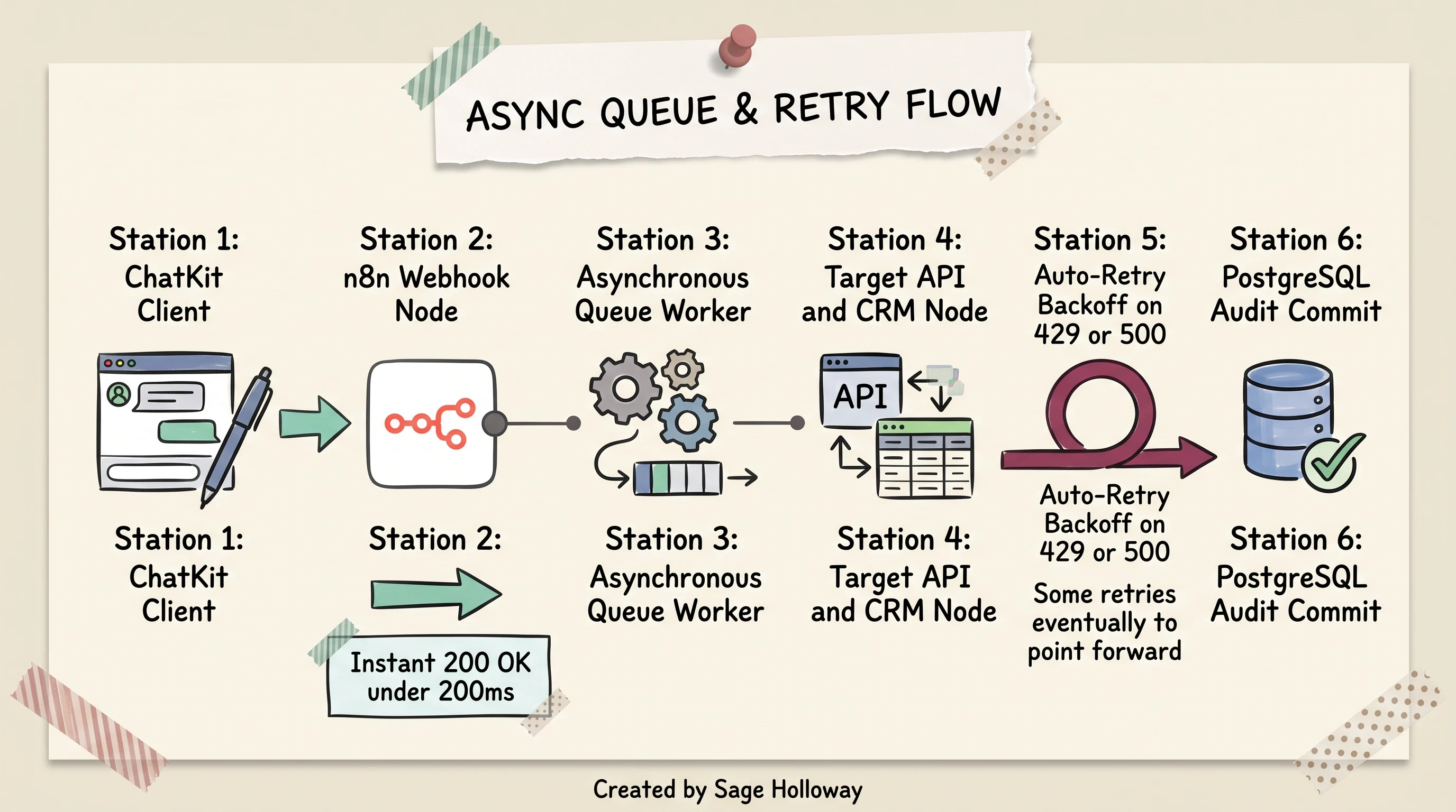 Scrapbook sequence diagram of asynchronous webhook bridging, queue throttling, and automatic retries in n8n