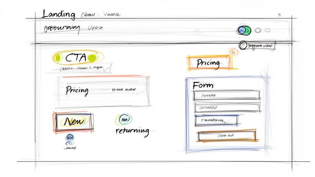 Hand-drawn wireframe sketch of a landing page UI with CTA, pricing, user flow, and a form.