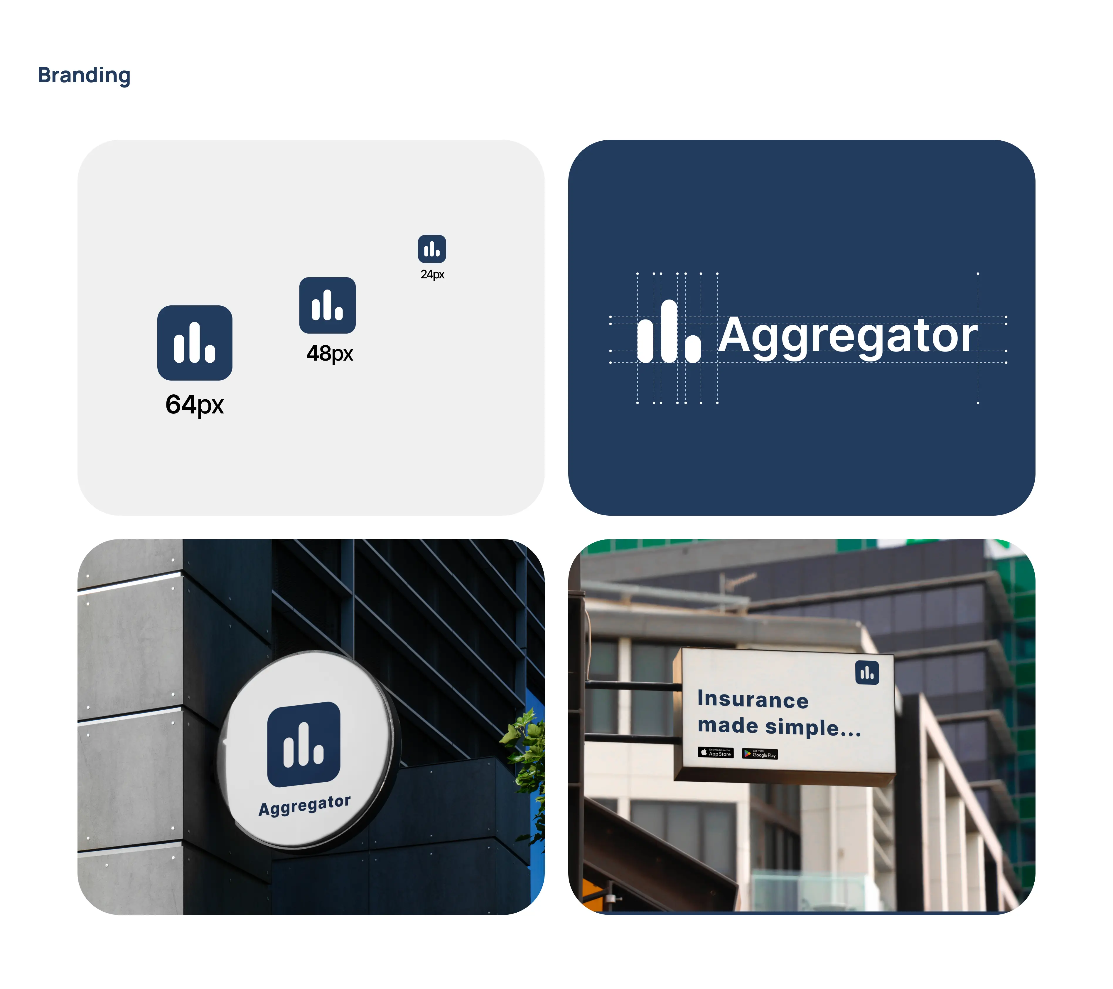 Branding contents showcasing Aggregator logo in different sizes, logo guidelines and some mockup content for brand display.