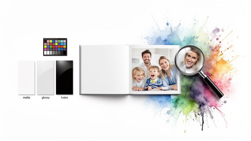 A photo book opened to a family picture, with paper finish samples (matte, glossy, lustre) and a color checker.