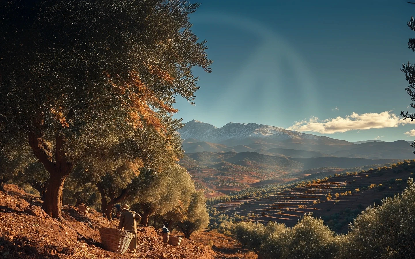 OYM logo formed as a cloud in a Moroccan landscape setting with greenery and olive trees