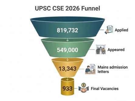UPSC CSE 2026 funnel from applications to vacancies showing attempt conversion