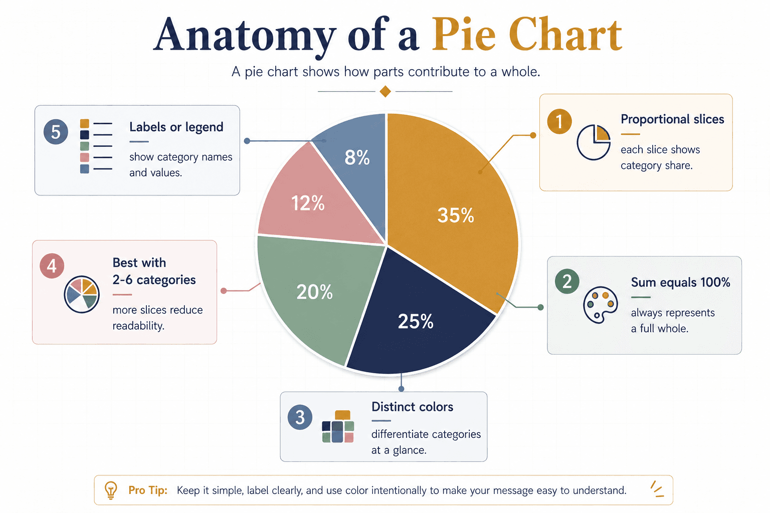 Infographic showing the anatomy of a pie chart with labeled slices and 5 callouts explaining the core features.