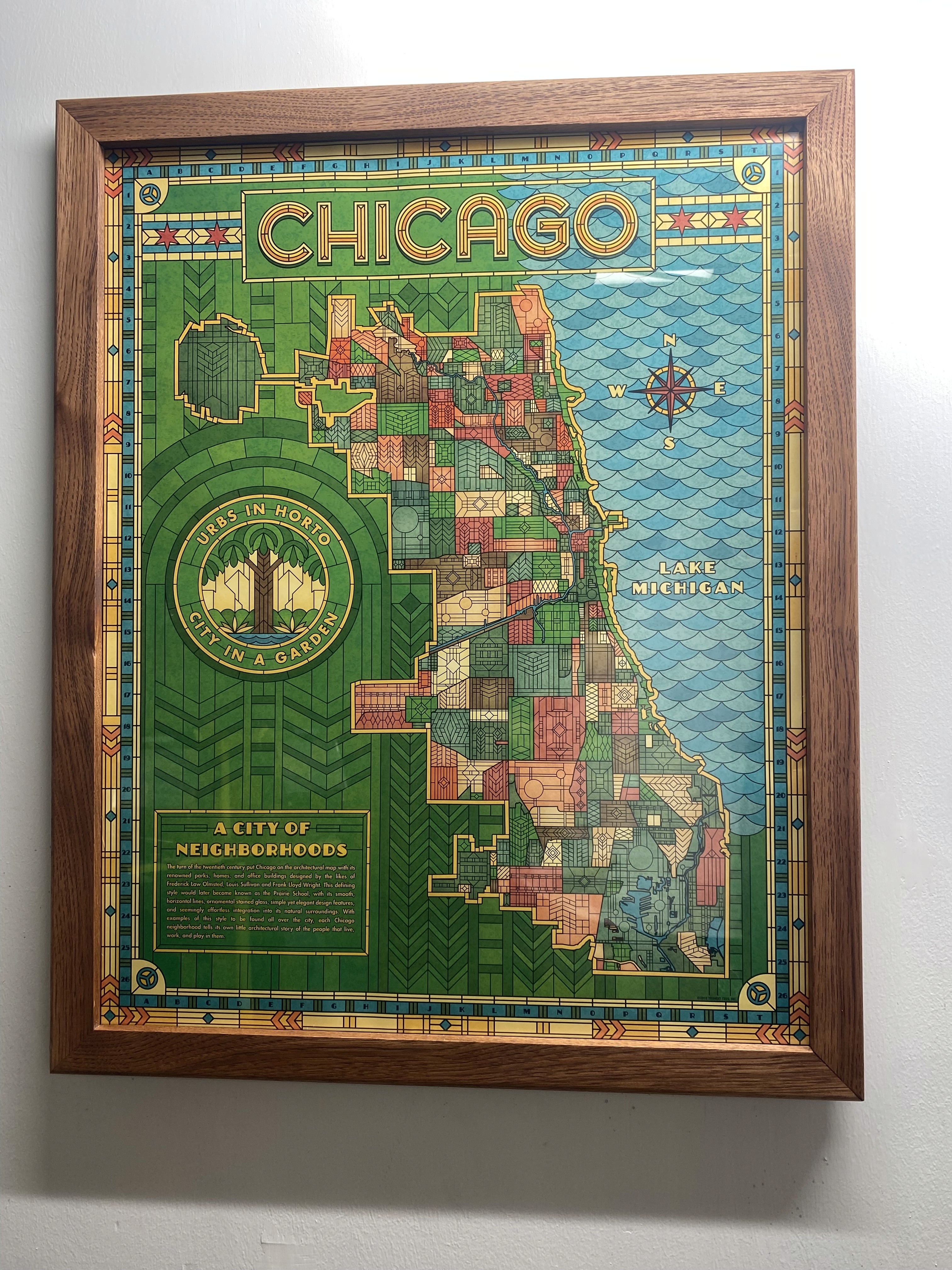 custom frame made for a map of the city of chicago