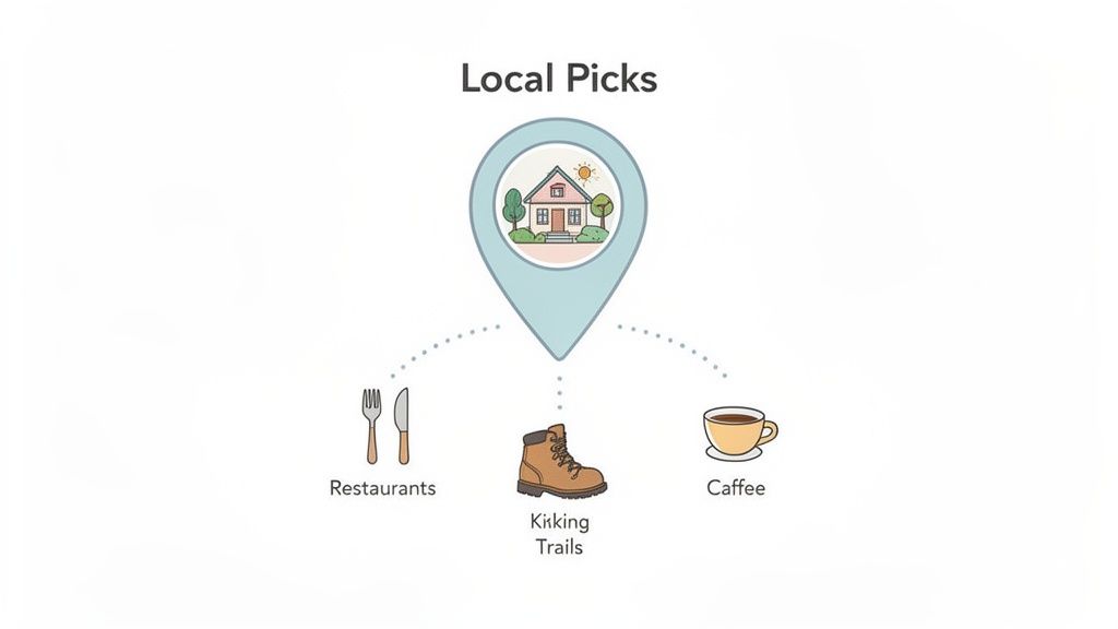 An illustration of 'Local Picks' around a house, highlighting restaurants, hiking trails, and coffee.