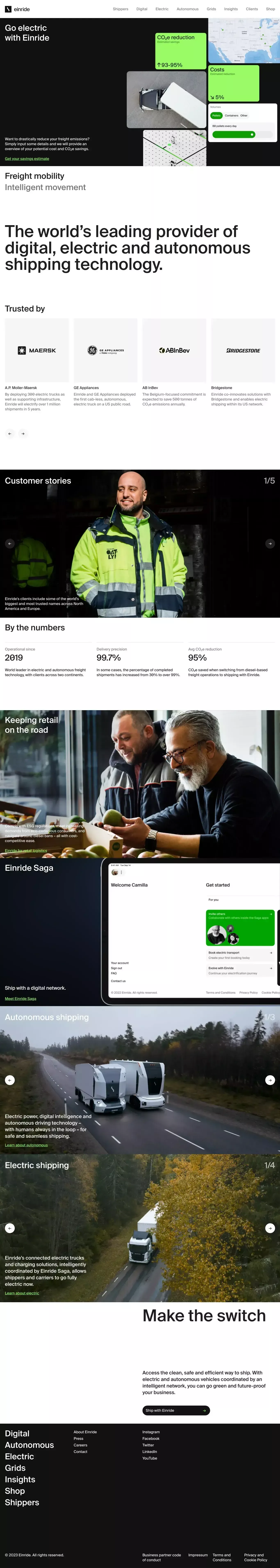 Einride – Intelligent movement landing page screenshot showcasing Tech and Nature design