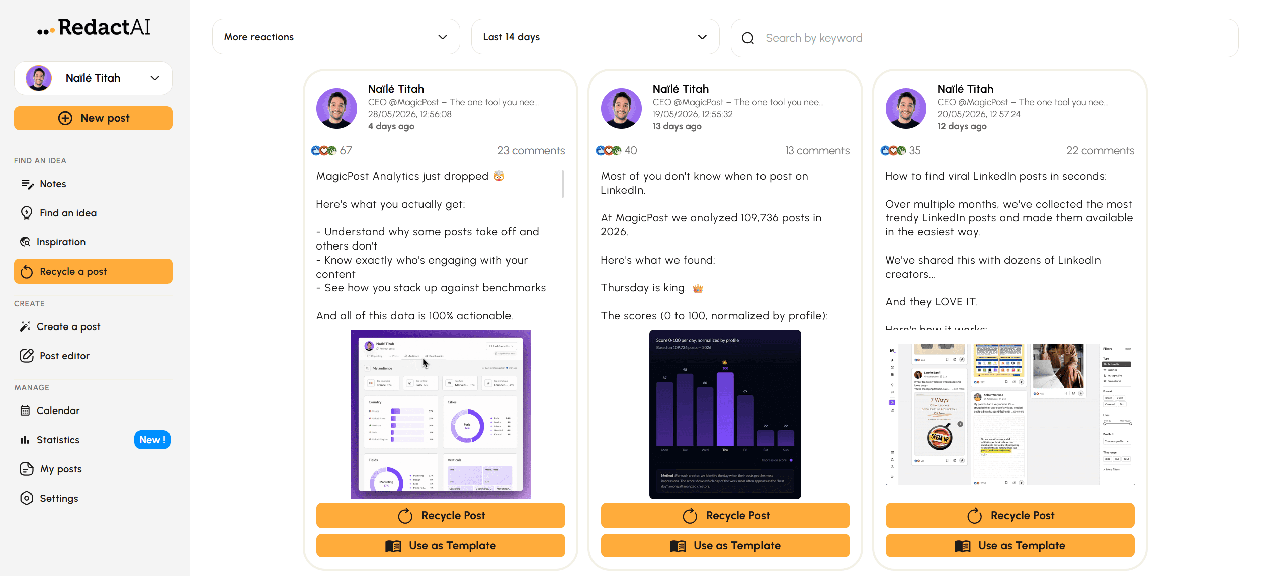 RedactAI's content recycling hub for LinkedIn AI posts
