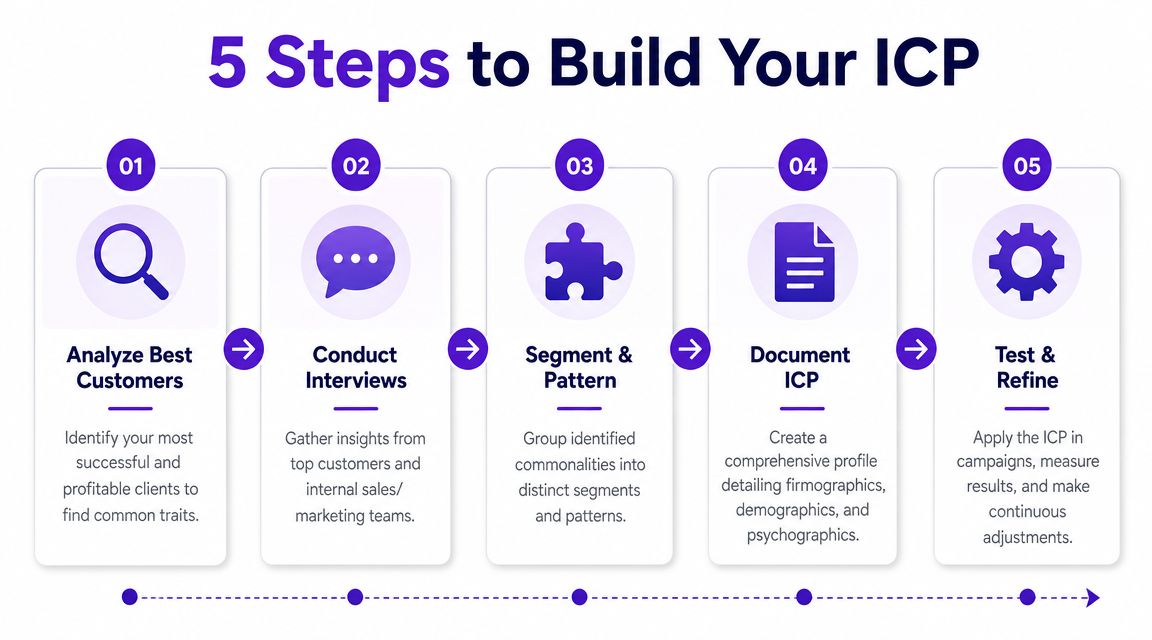 A five-step infographic showing the process to build an Ideal Customer Profile (ICP) for business growth.