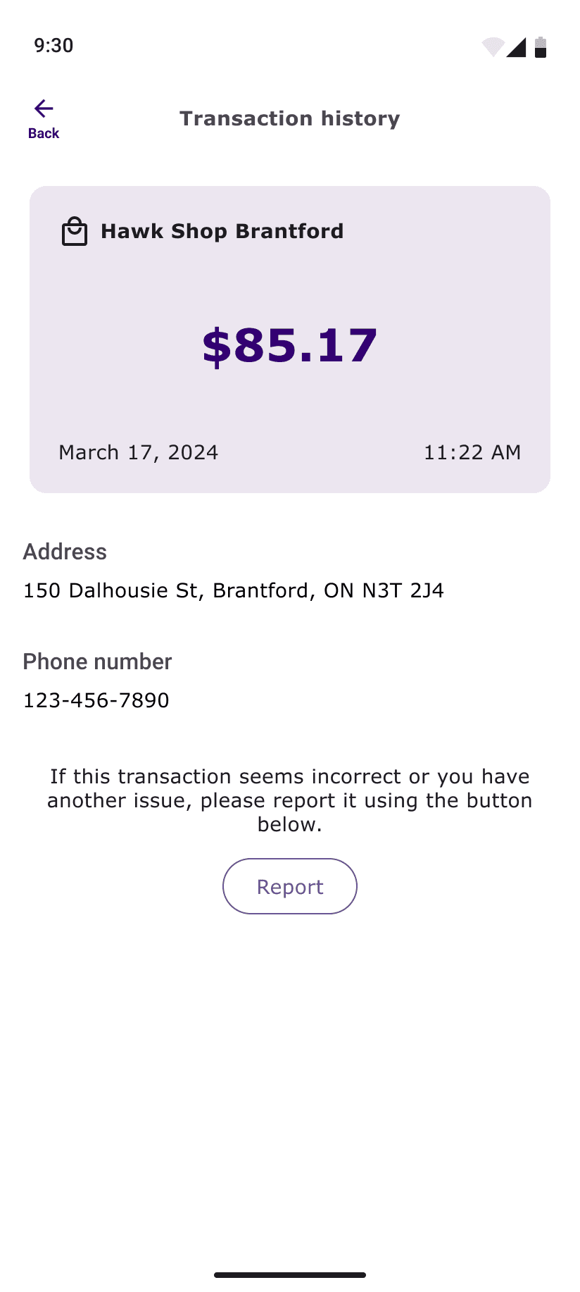 Mid-fidelity design displaying the details of a single transaction, including the date, time, amount, and transaction description in a clean and organized layout.