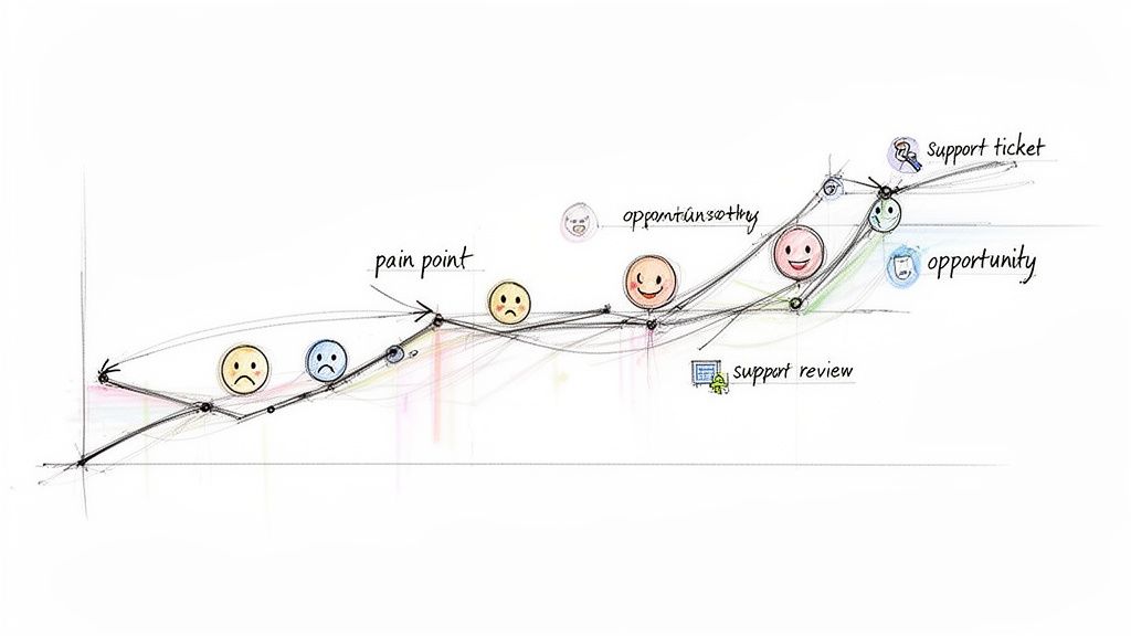 Hand-drawn customer journey map illustrating emotional states, pain points, and opportunities over time.
