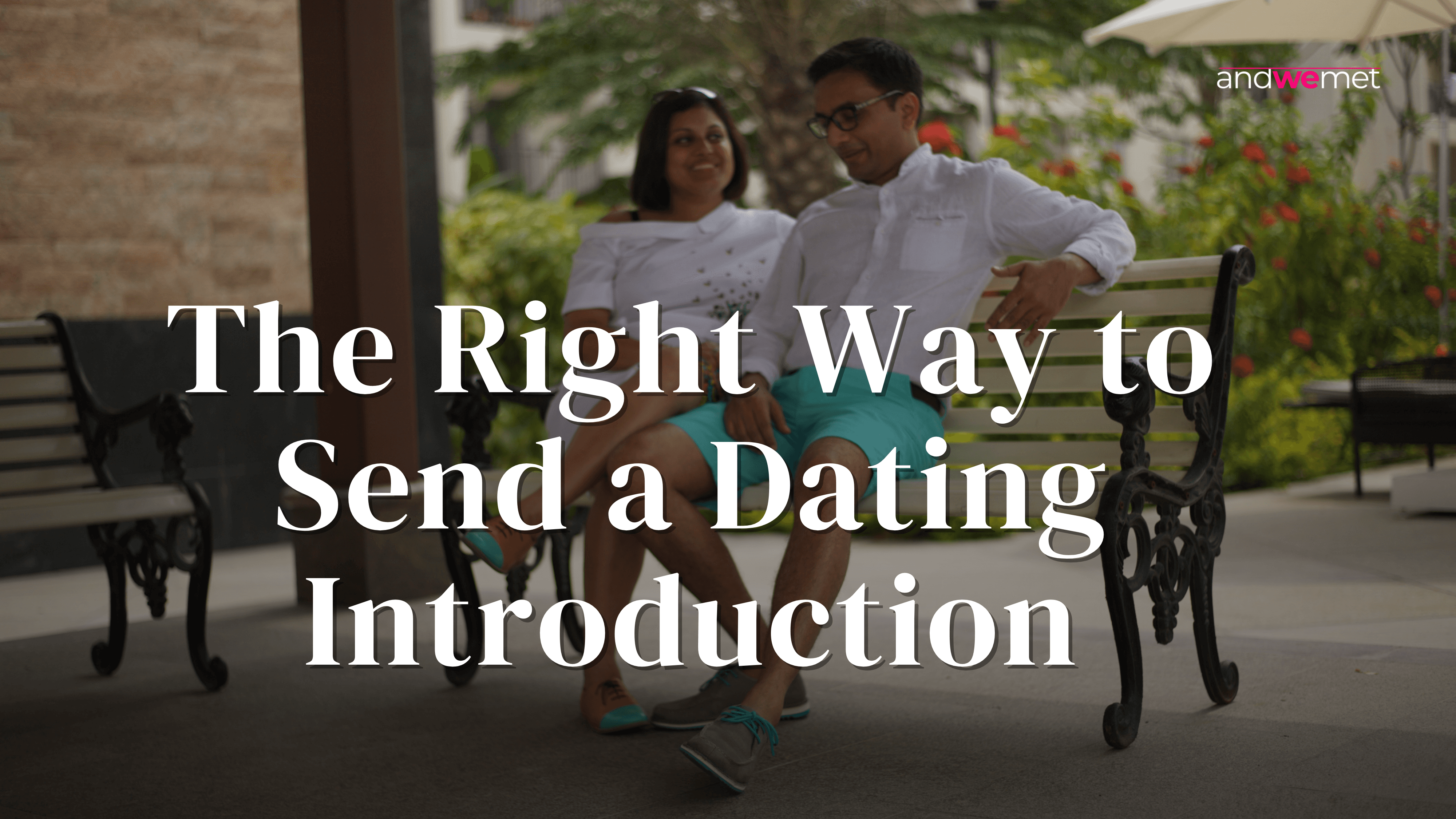 Couple relaxing on park bench in comfortable conversation representing successful dating introduction and connection - andwemet guide