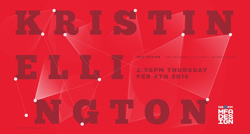 A red crimson poster with some white dots and faded triangles. The text on it: KRISTIN ELLINGTON. MFA Design logo.