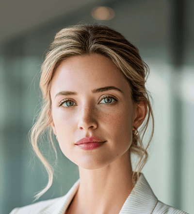 A confident woman in a white pinstripe blazer stands in a modern office, arms crossed. The atmosphere is professional and poised.