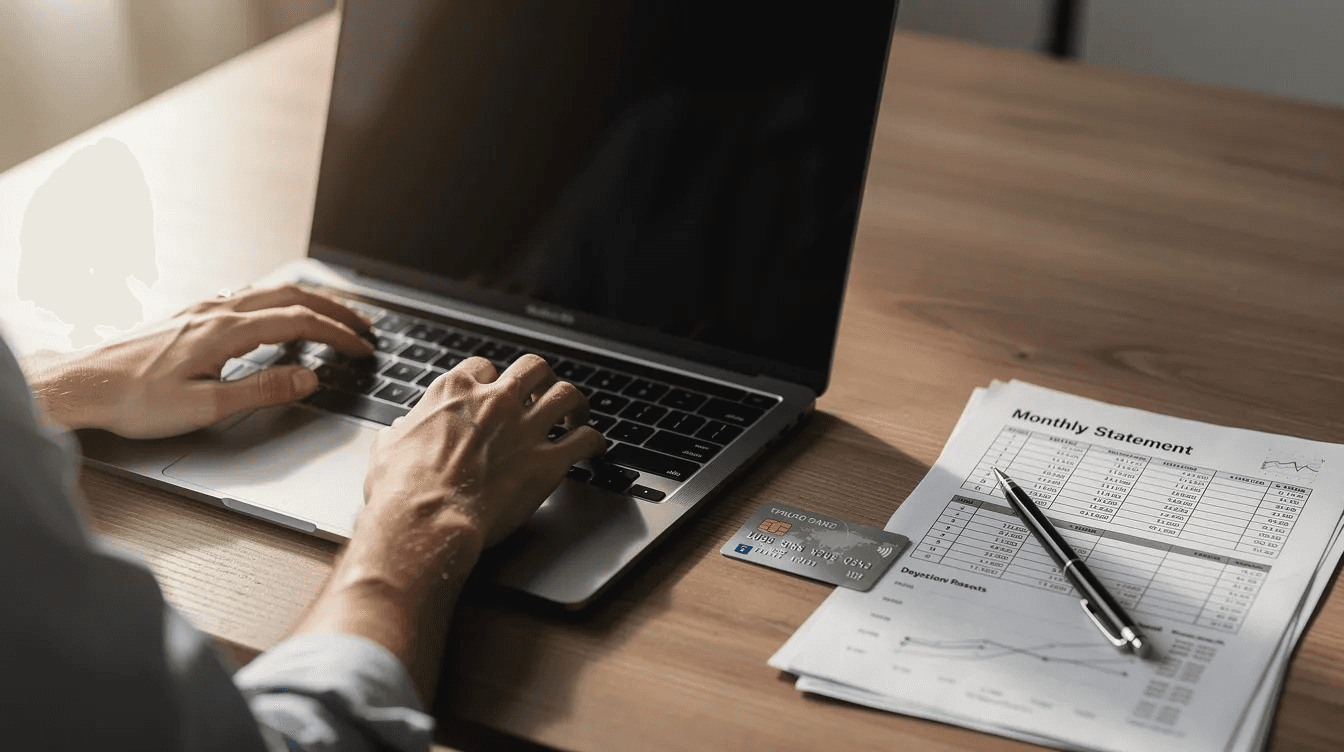A person is seated at a table, focused on their laptop, with a bank card and financial papers spread out beside them, indicating they are engaged in financial planning. This scene suggests they may be tracking their savings progress or organizing multiple savings accounts for different financial goals.