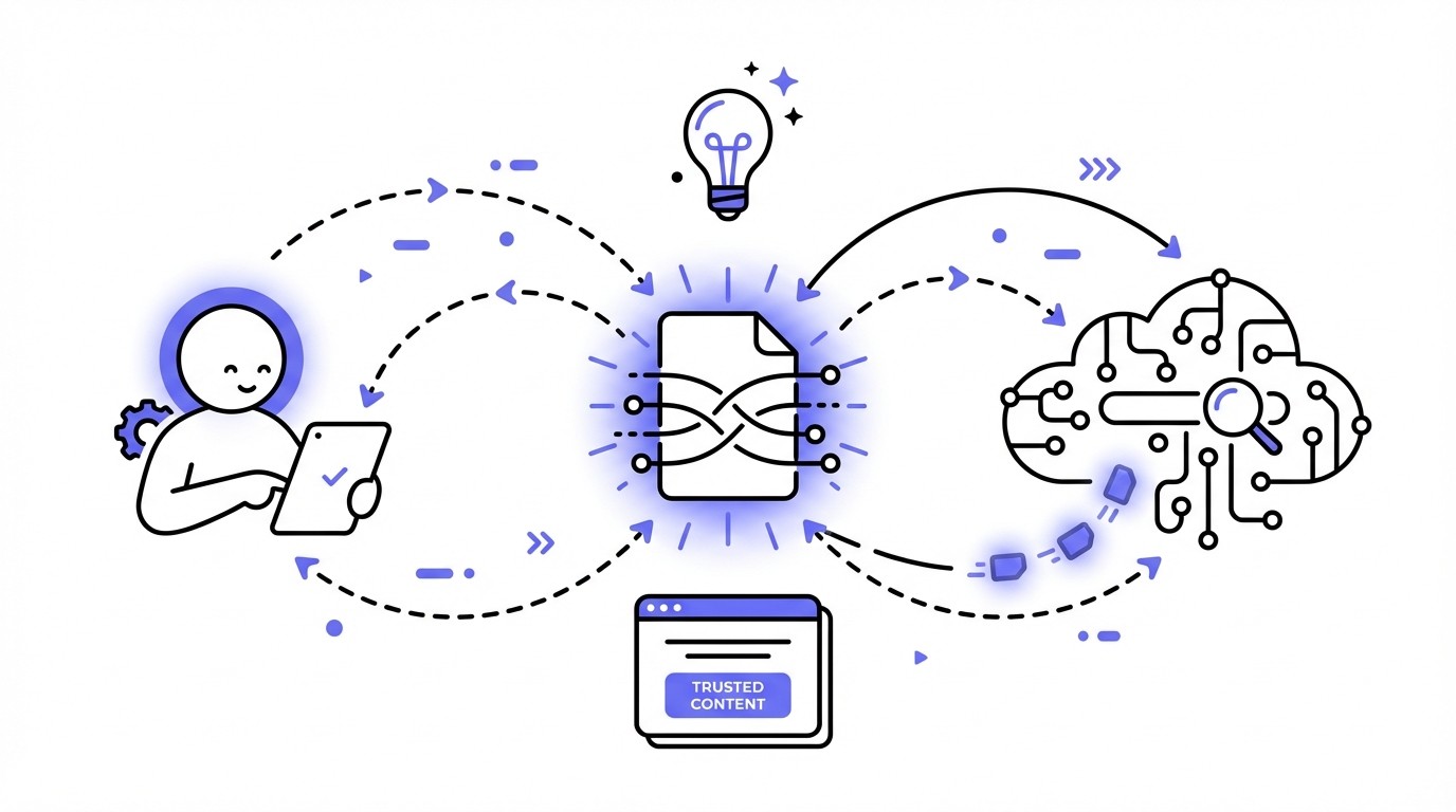 An illustration showing a central glowing digital content icon radiating lines of trust towards a human user profile on one side and an abstract network representing Google's algorithms on the other, against a tech-themed background.