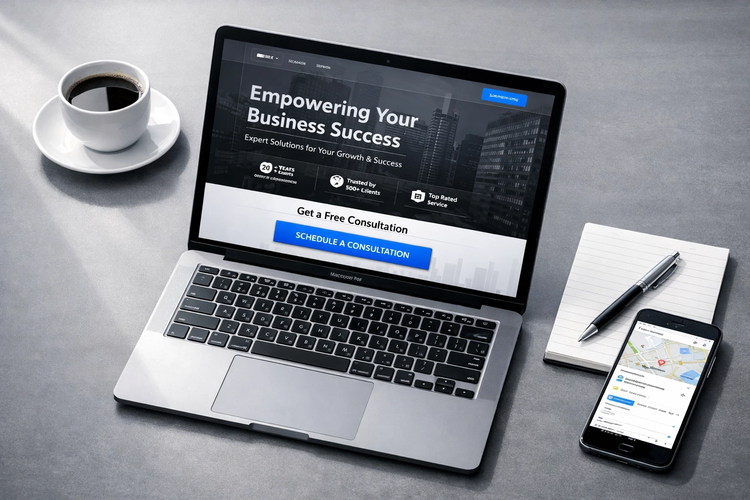 Professional services website landing page with clear call-to-action and trust signals displayed on laptop