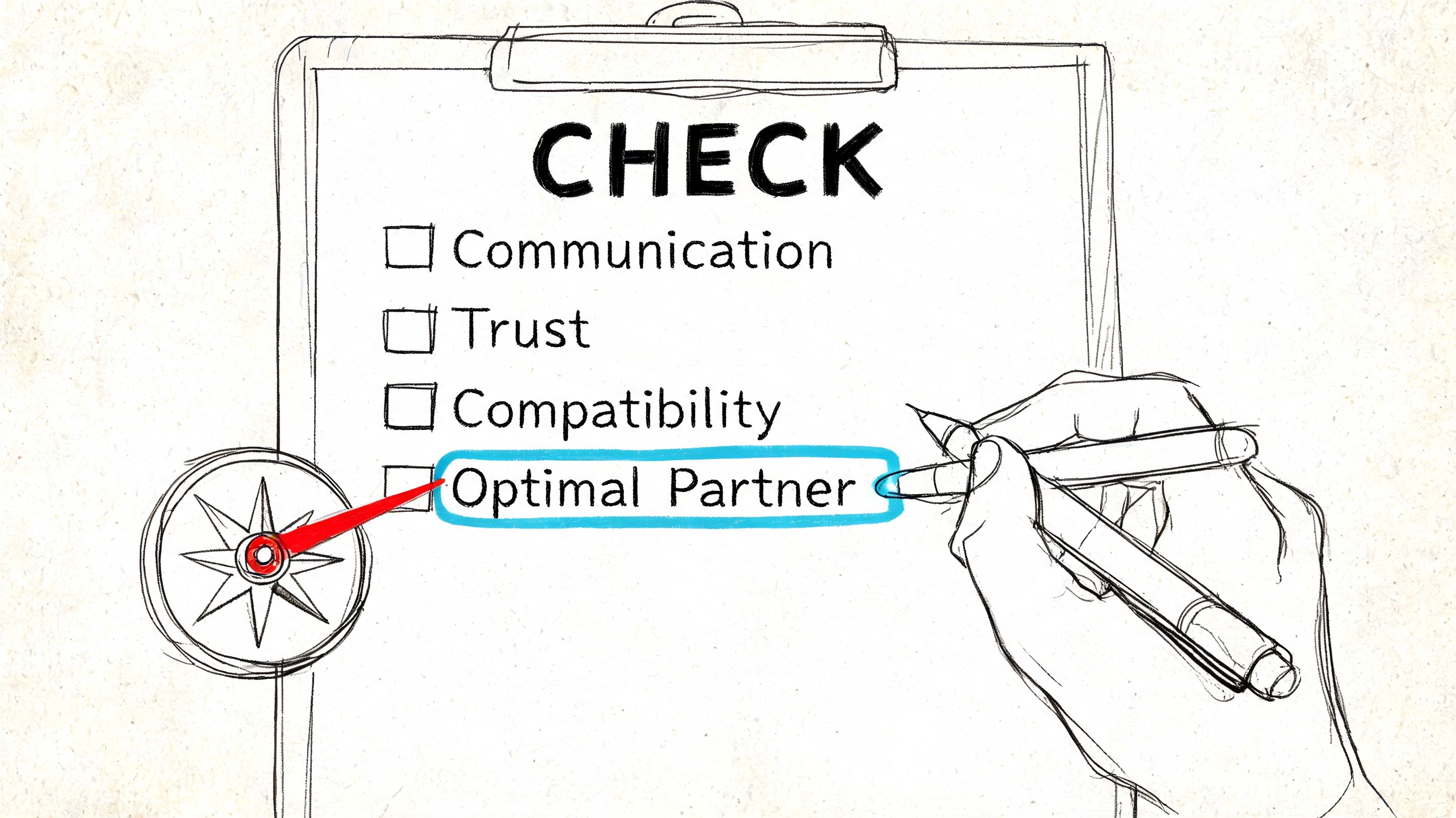 A hand drawing a checklist on a clipboard with items like communication, trust, compatibility, and optimal partner.