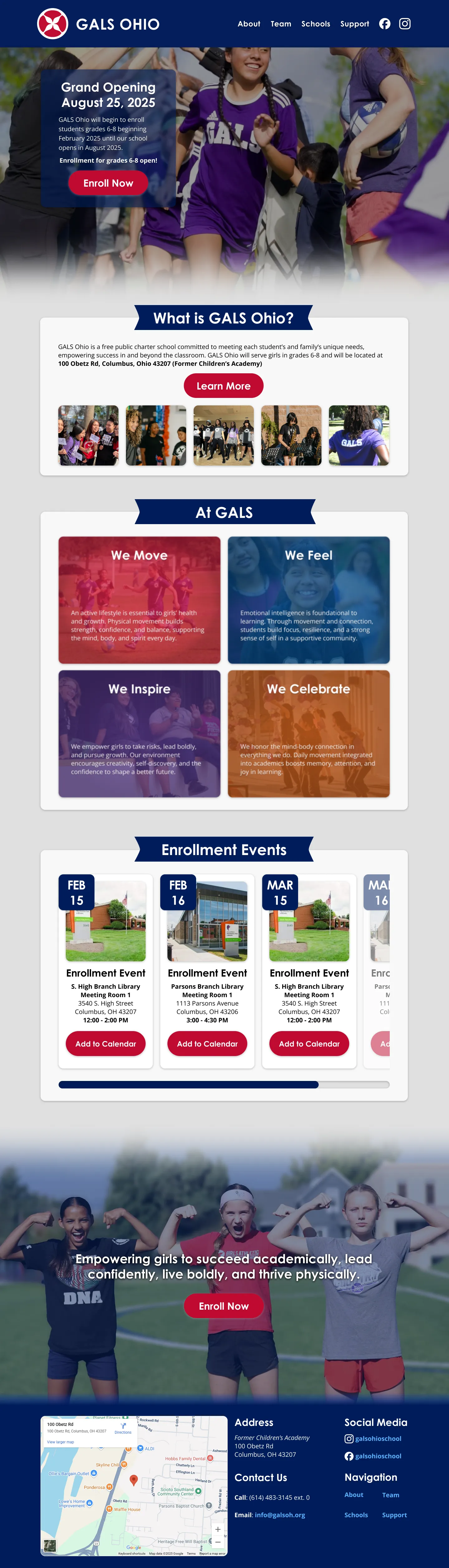 GALS Ohio landing page with an enrollment-focused hero section and a full-page layout overview.