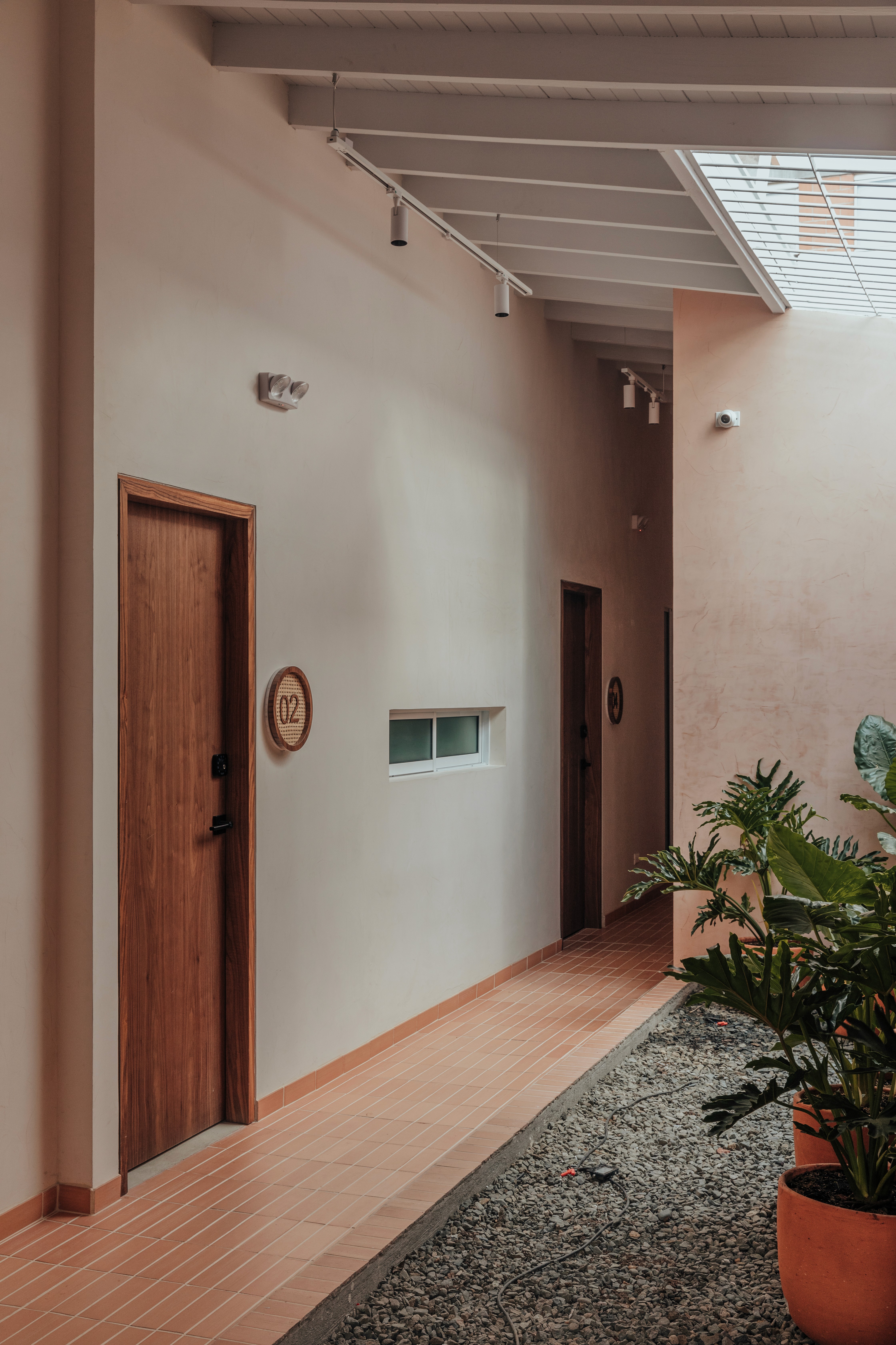 Double-height interior with flowing sculptural forms and warm raking light