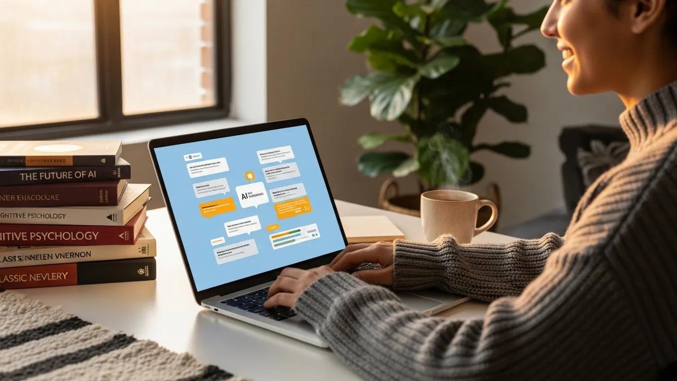 Person using a laptop in a cozy workspace with AI-generated summaries on the screen