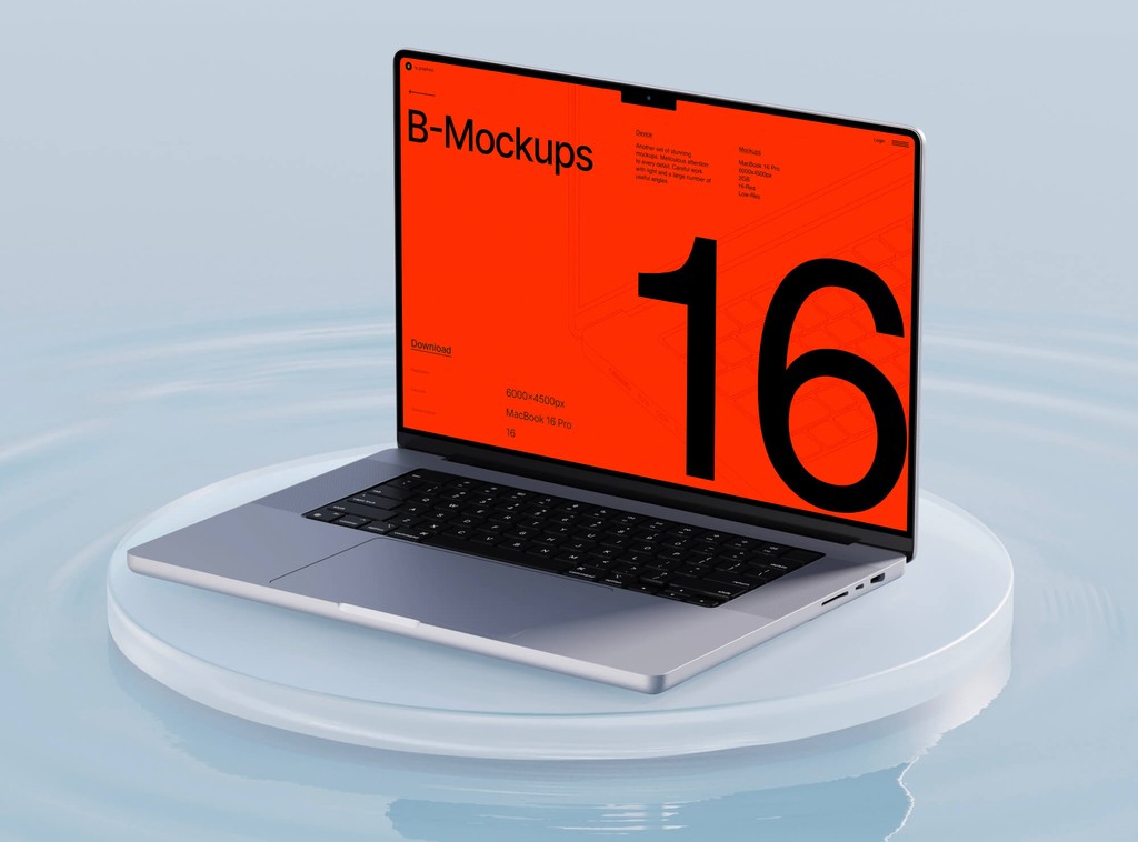 A MacBook is placed on a white surface with a clean, minimalistic background. The screen displays an orange mockup, highlighting a vibrant design against the sleek silver body of the laptop.