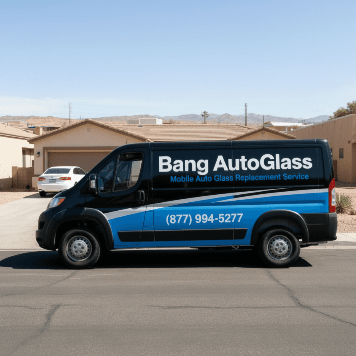 Bang AutoGlass van showing up to a Somerton, AZ residential street for a next-day mobile windshield replacement