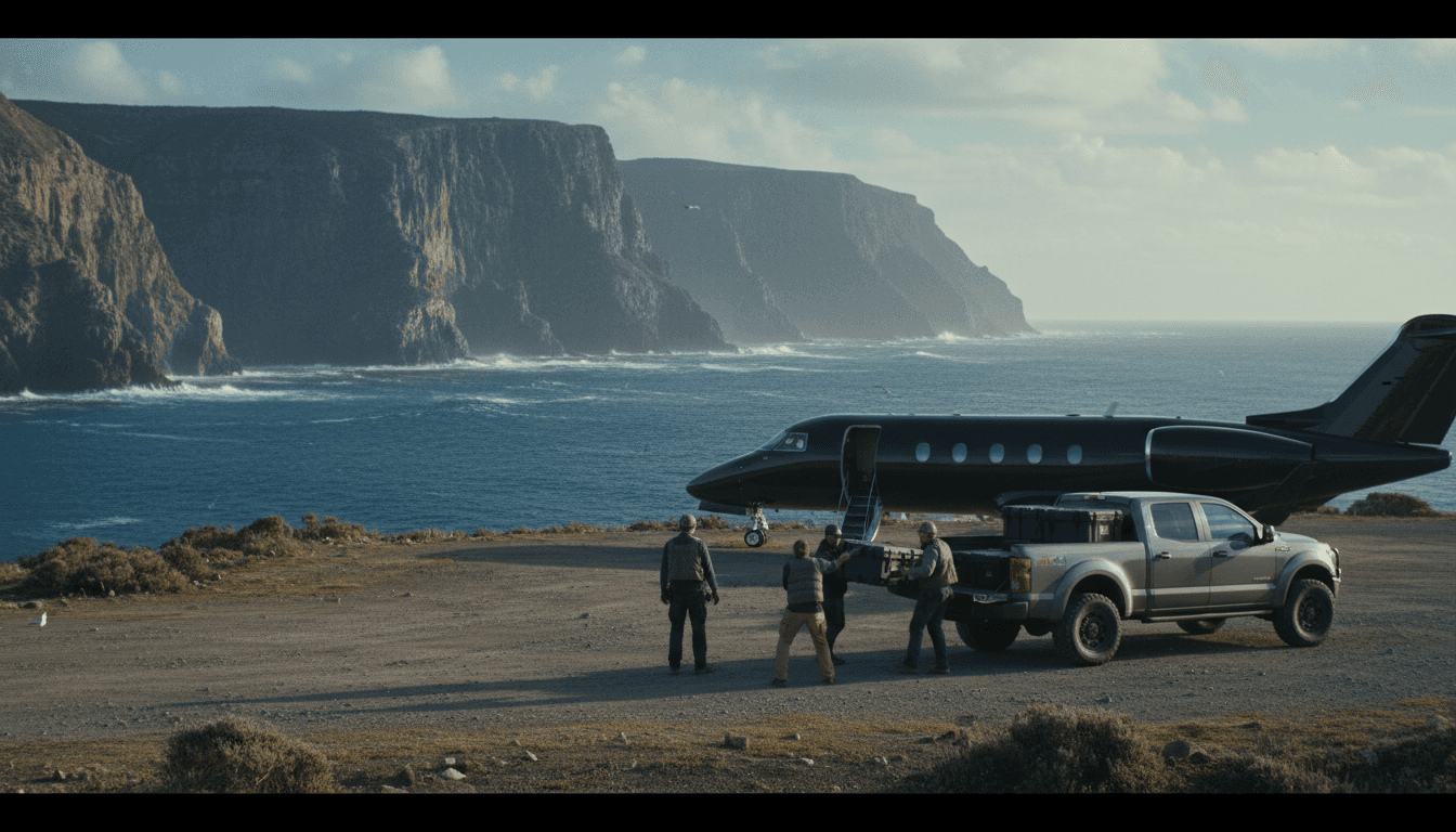 A film crew transferring equipment cases from a private jet's cargo hold to a pickup truck on a remote coastal airstrip — gear delivered beside the location