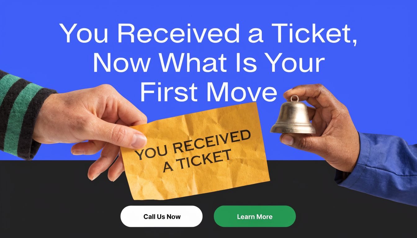 Two hands holding a yellow paper that says You Received A Ticket and a small bell.