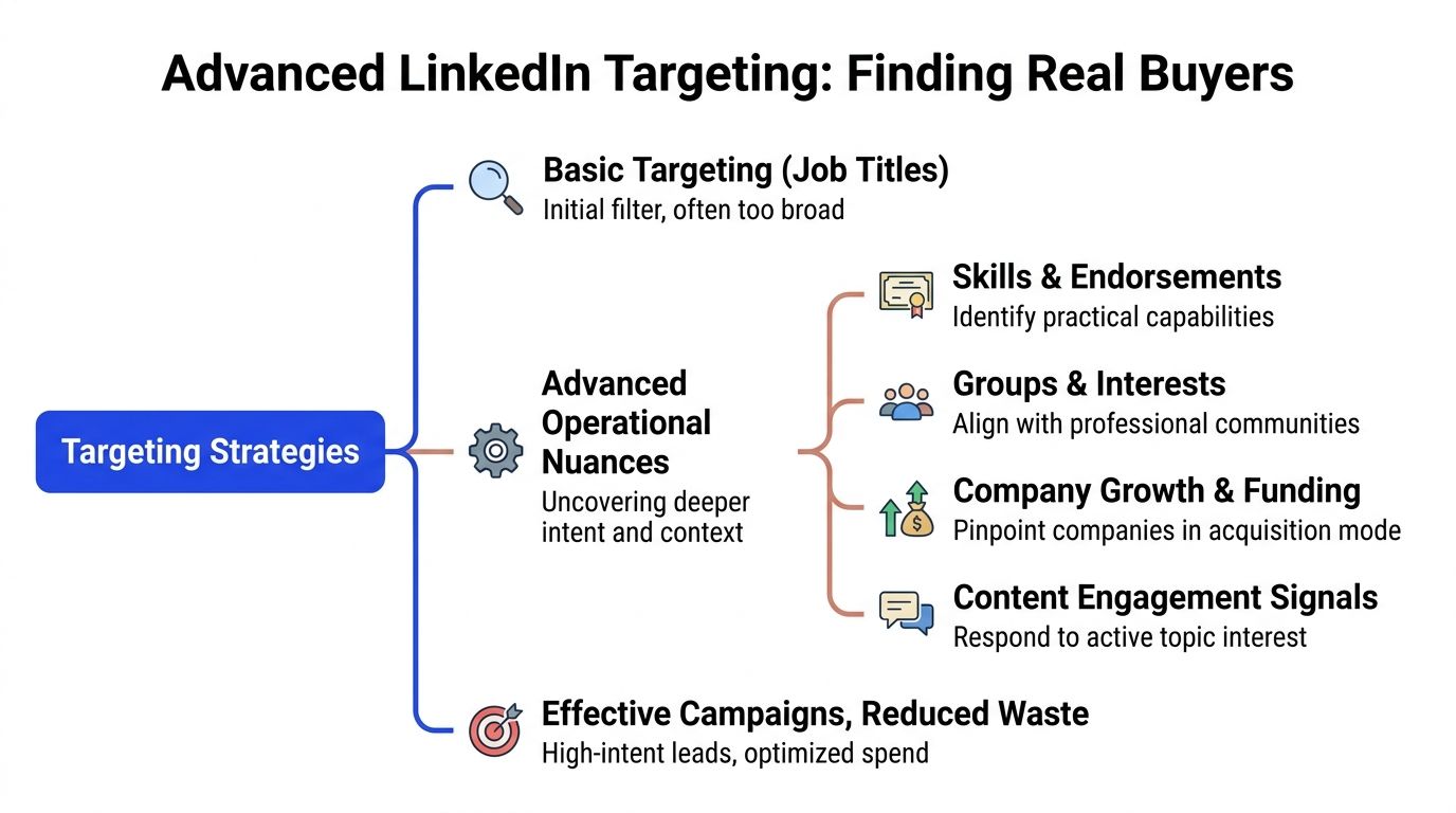 A diagram illustrating advanced LinkedIn targeting strategies to identify real buyers and reduce advertising waste.