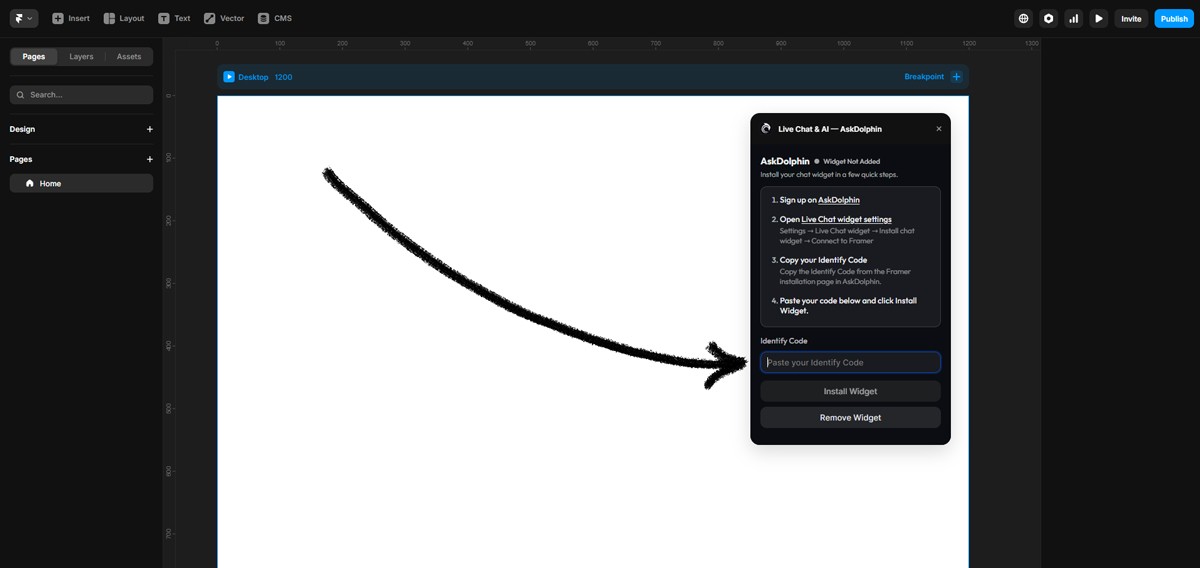 Framer AskDolphin plugin showing Identify Code input field where users paste their code