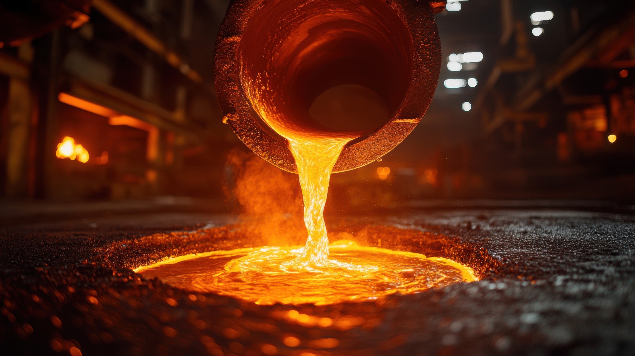 Molten metal pours in a glowing orange stream from a large industrial spout into a circular opening on a dark floor. The vibrant liquid swirls into a brilliant pool, emitting subtle smoke and heat haze. The background is a dimly lit, blurred industrial foundry with dark machinery and distant lights, emphasizing the intense heat and luminosity of the pouring metal.