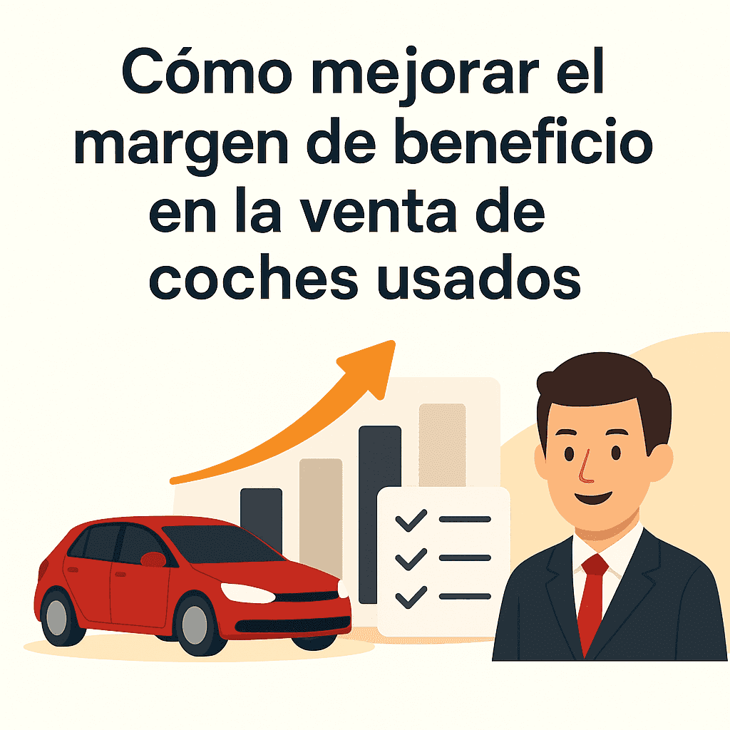 Cómo mejorar el margen de beneficio en venta de coches usados. Ilustración con coche, gráfico y persona.