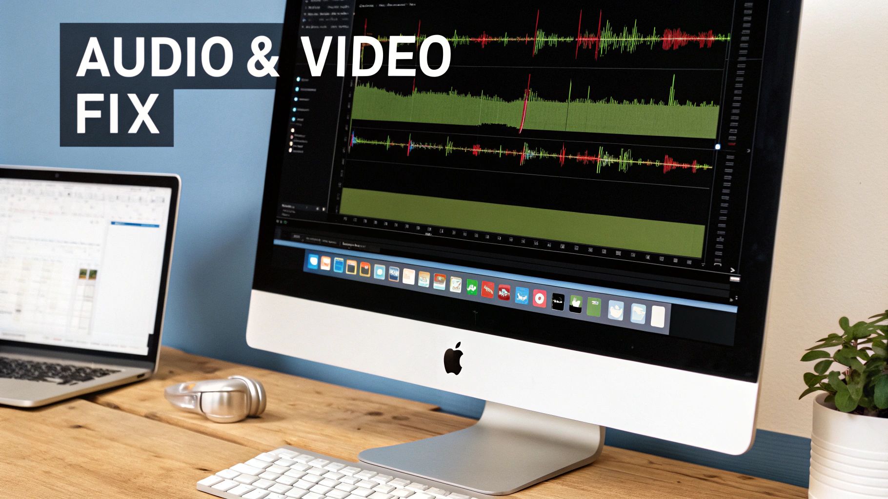 A person looking at a MacBook screen with a puzzled expression, with icons representing audio and video files floating around the screen.