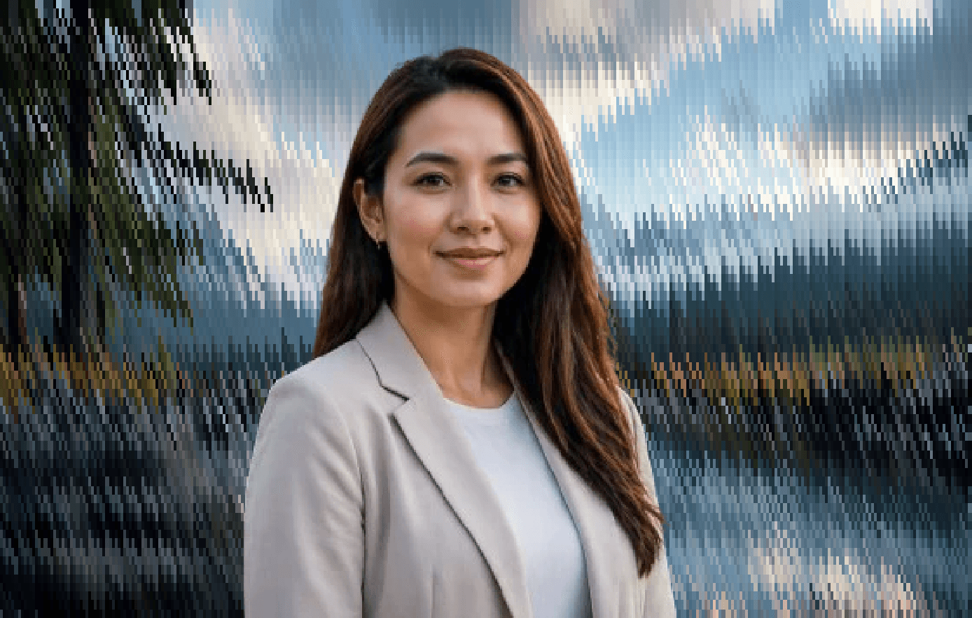 Professional portrait of a technology executive in formal attire against a scenic background.