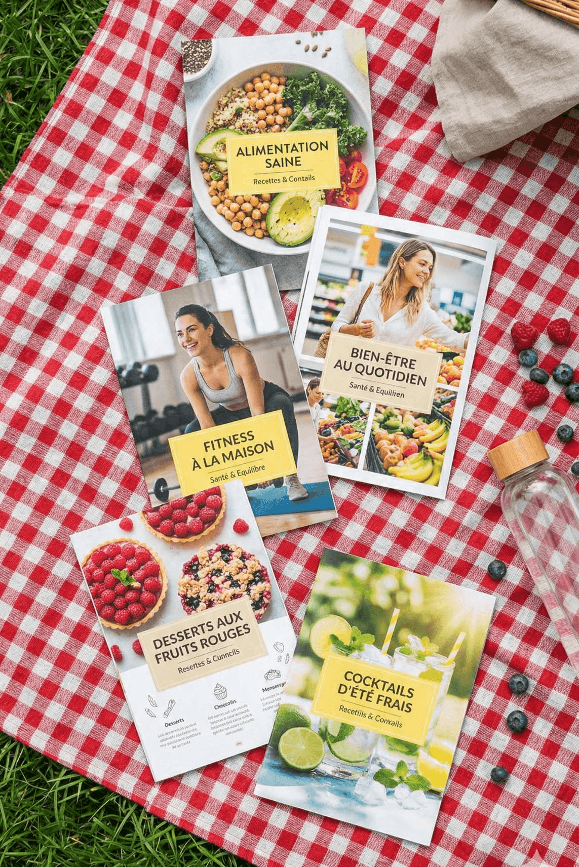 Visuel des 5 ebooks bonus Progrès-Fit sur une nappe de pique-nique : nutrition, fitness à la maison et recettes santé.