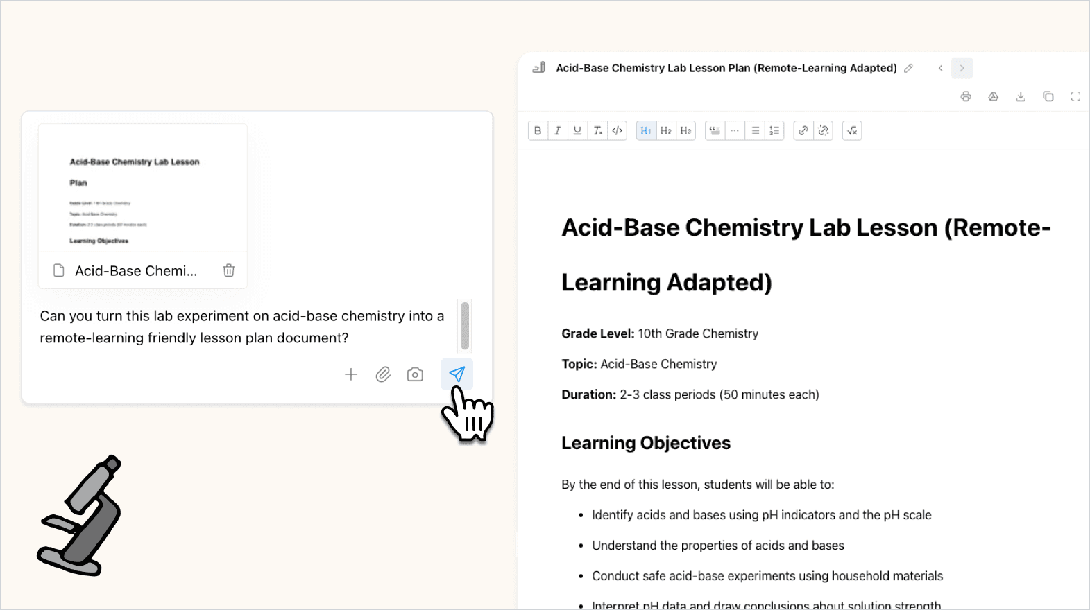 Screenshot of a Flint chat showing a teacher uploading a lesson plan PDF and asking Sparky to help adapt it for remote delivery
