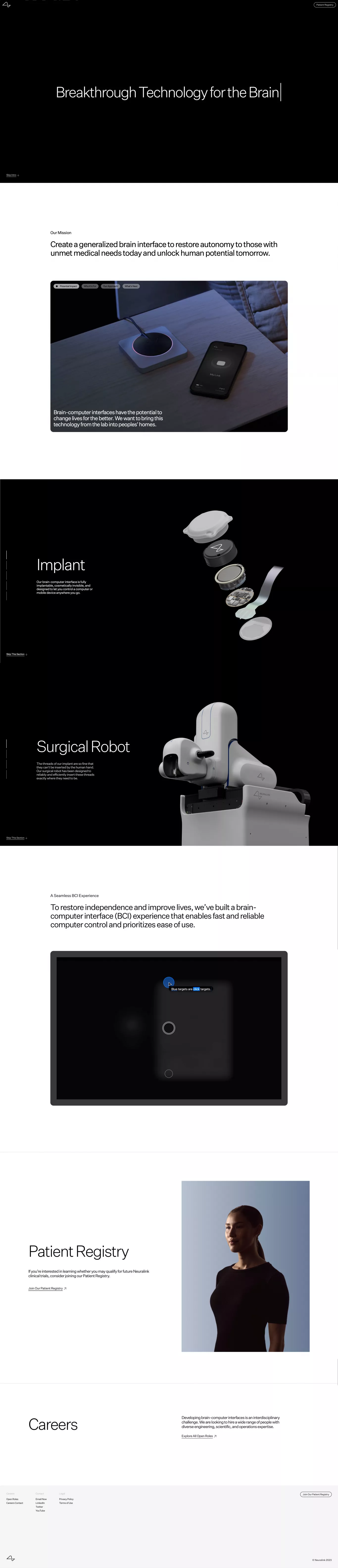 Neuralink landing page screenshot showcasing Medical and Tech design