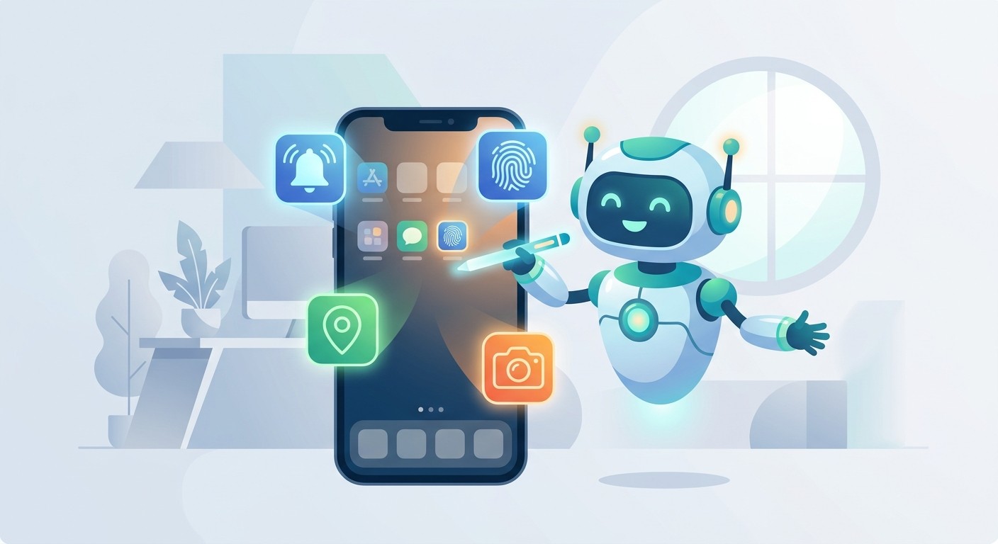 Illustration of an AI agent adding native features like push notifications and biometric login to a mobile app