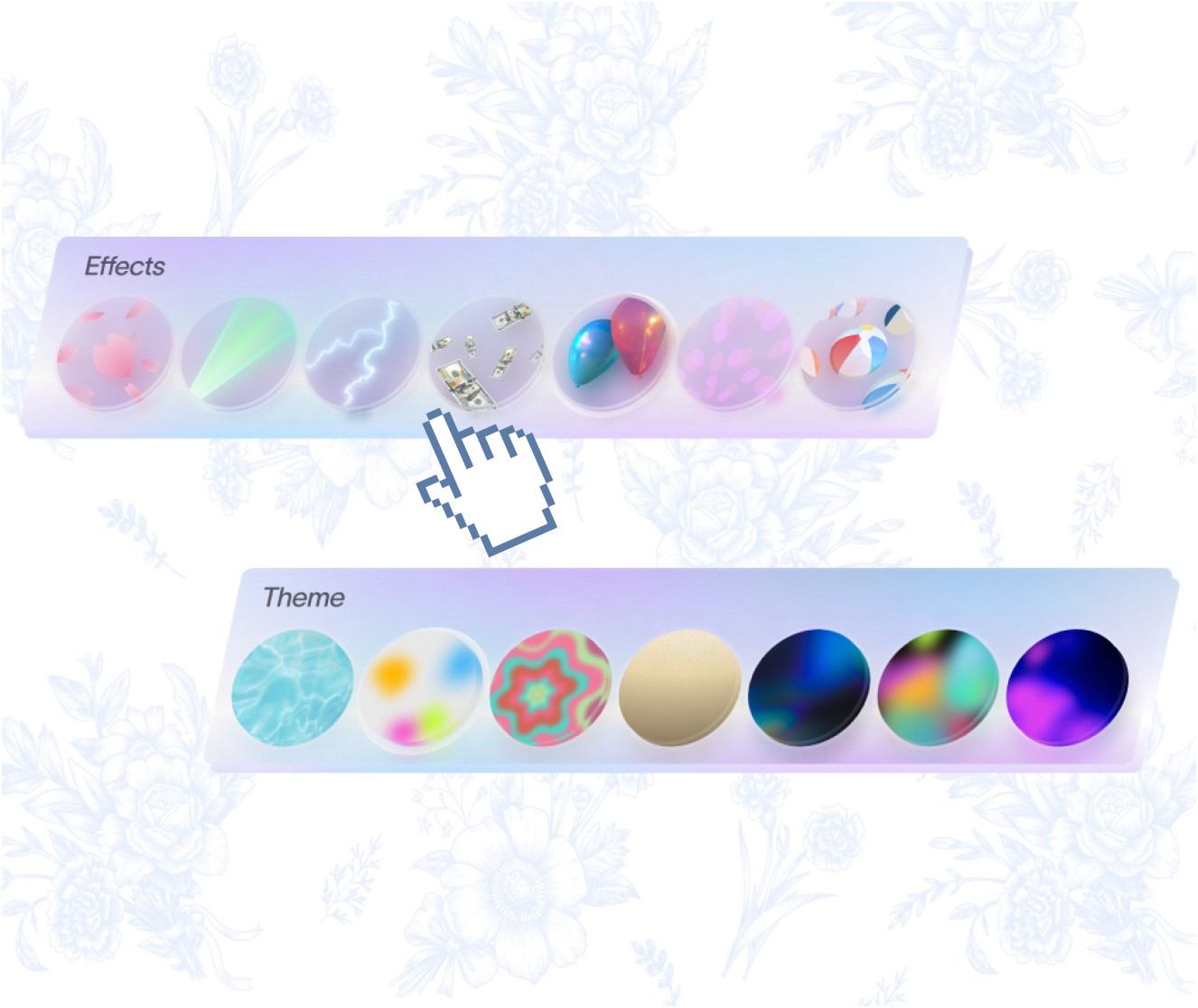 Interactive party invite feature showcasing customizable themes, effects, and presets for personalized event pages.
