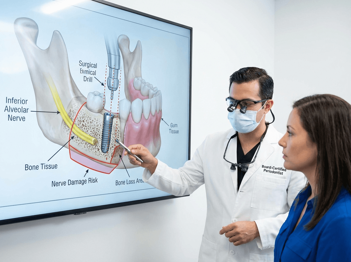 Detailed anatomical diagram showing dental implant placement and potential surgical complication zones in jaw bone