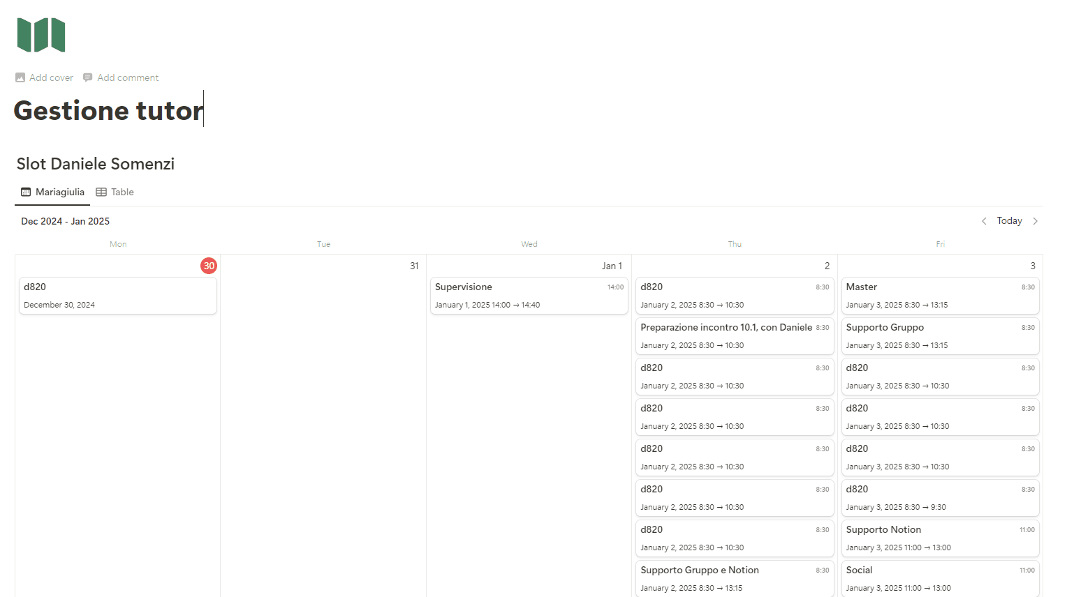 Vista del database degli eventi per una gestione ottimale da parte dei tutor